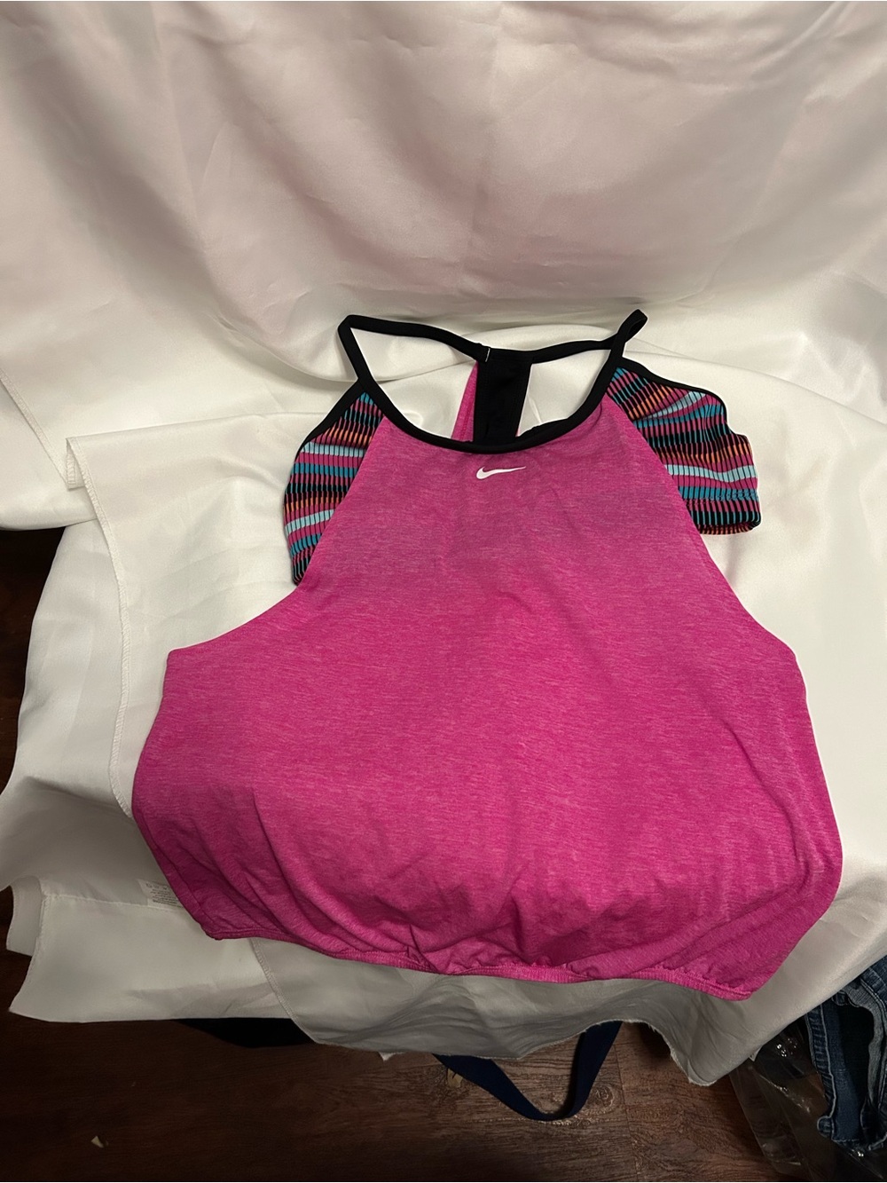 Nike Pink High-Neck Racerback Sports Bra with Striped Accents